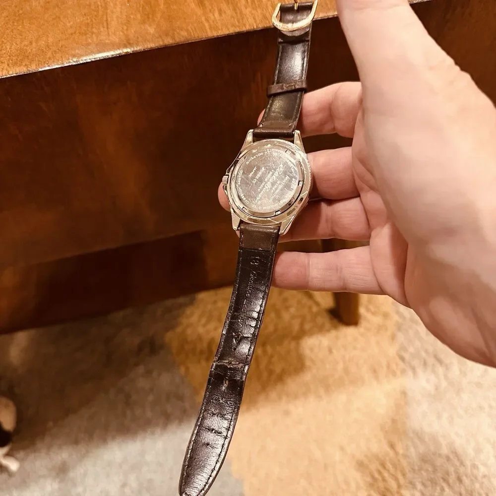 VTG Eddie Bauer Watch Men Stainless St 40mm Brown Leather Strap Day Date Quartz